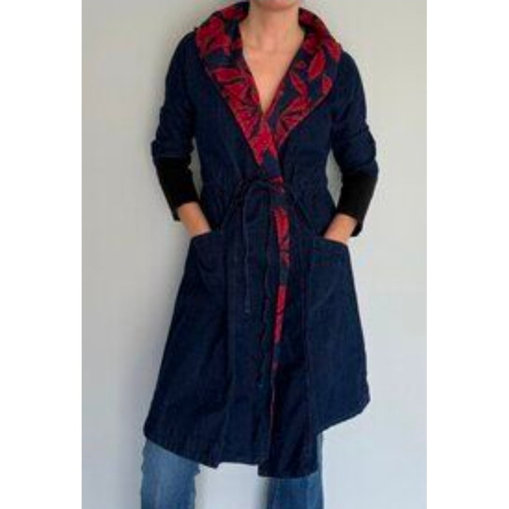 REBORN Denim Kimono Jacket Size 3X Red Leaf Print Drawstring Tie Front‎